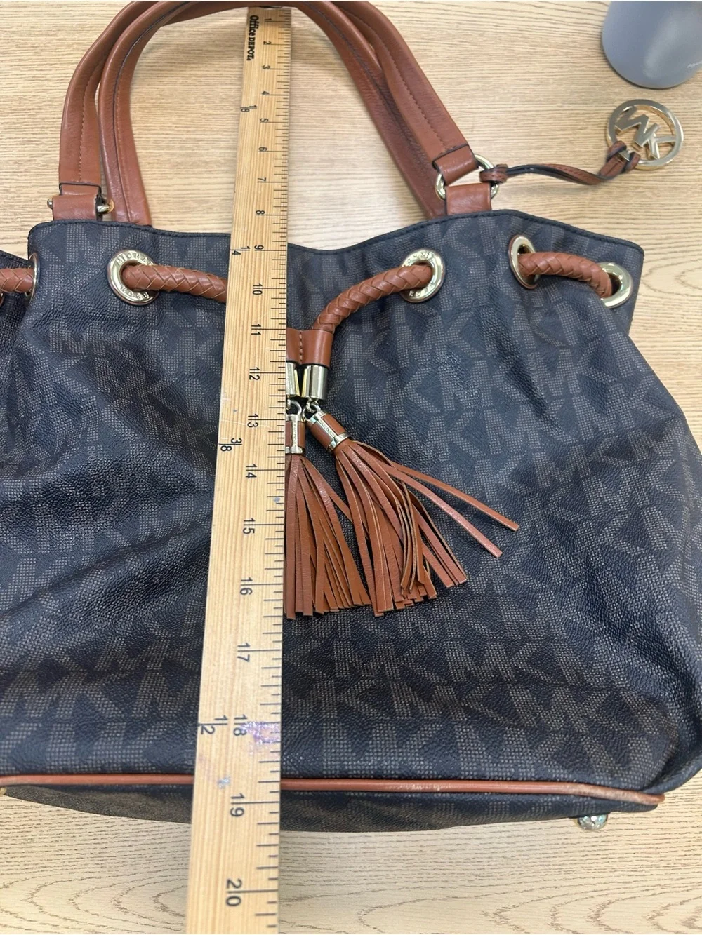 Michael Kors Jet Set large leather Brown Logo Tassel Drawstring Tote